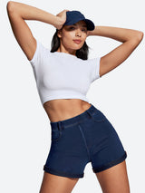 IUGA High Waisted Stretchy Tummy Control Pull On Jean Shorts - IUGA