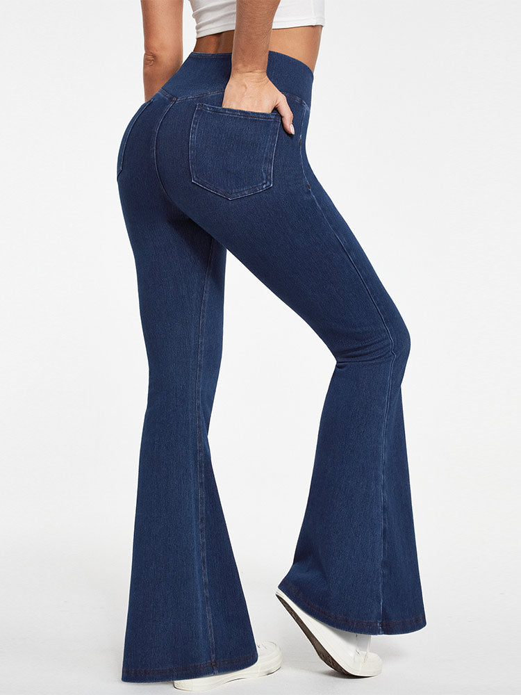 FlexDenim High Waist Crossover Flare Jeans for Women With Pockets - IUGA