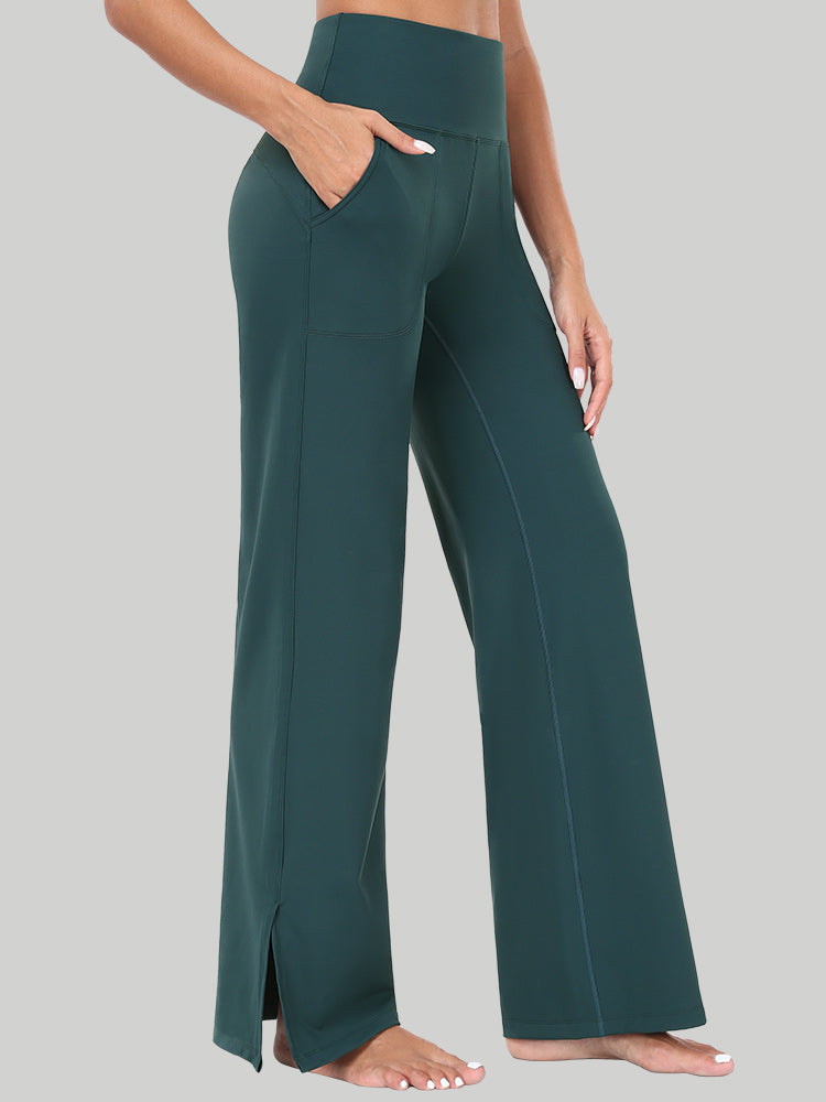 IUGA High Waisted Side Slit Wide Leg Yoga Pants with Pockets - Dark Forest  Green / S