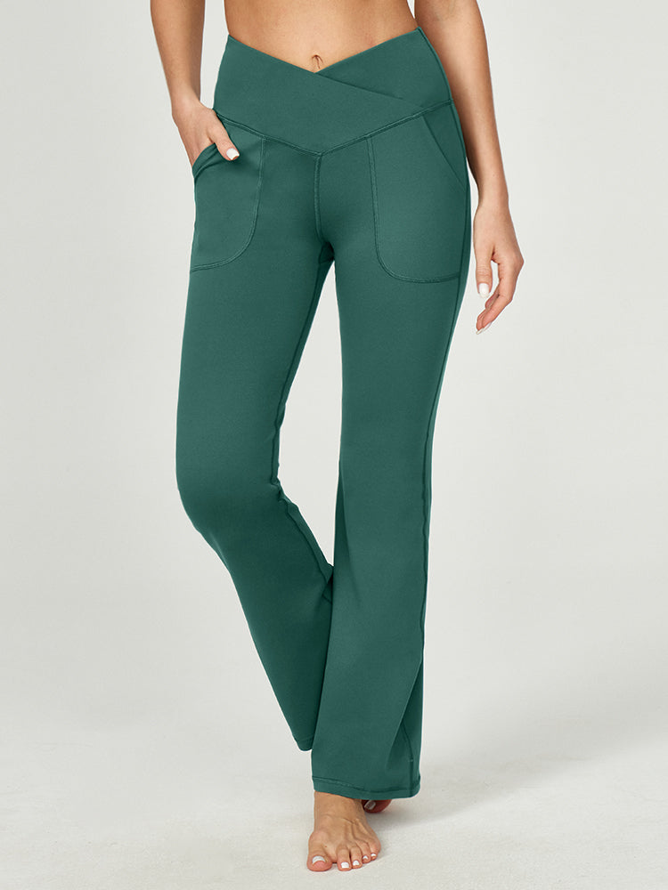 IUGA High Waisted Crossover Bootcut Yoga Pants With Pockets - Slate Green /  M