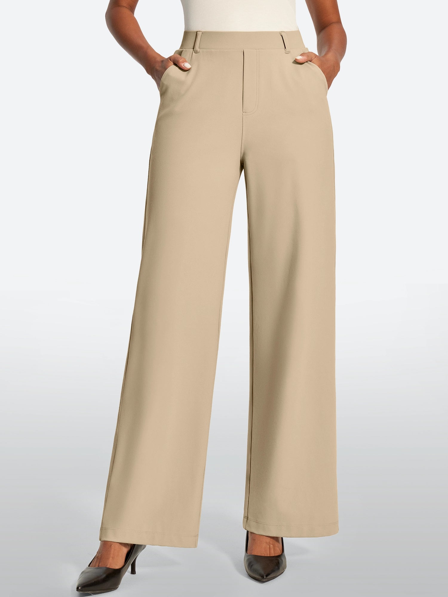 IUGA High Waisted Stretchy Wide Leg Pull On Work Pants With Pockets