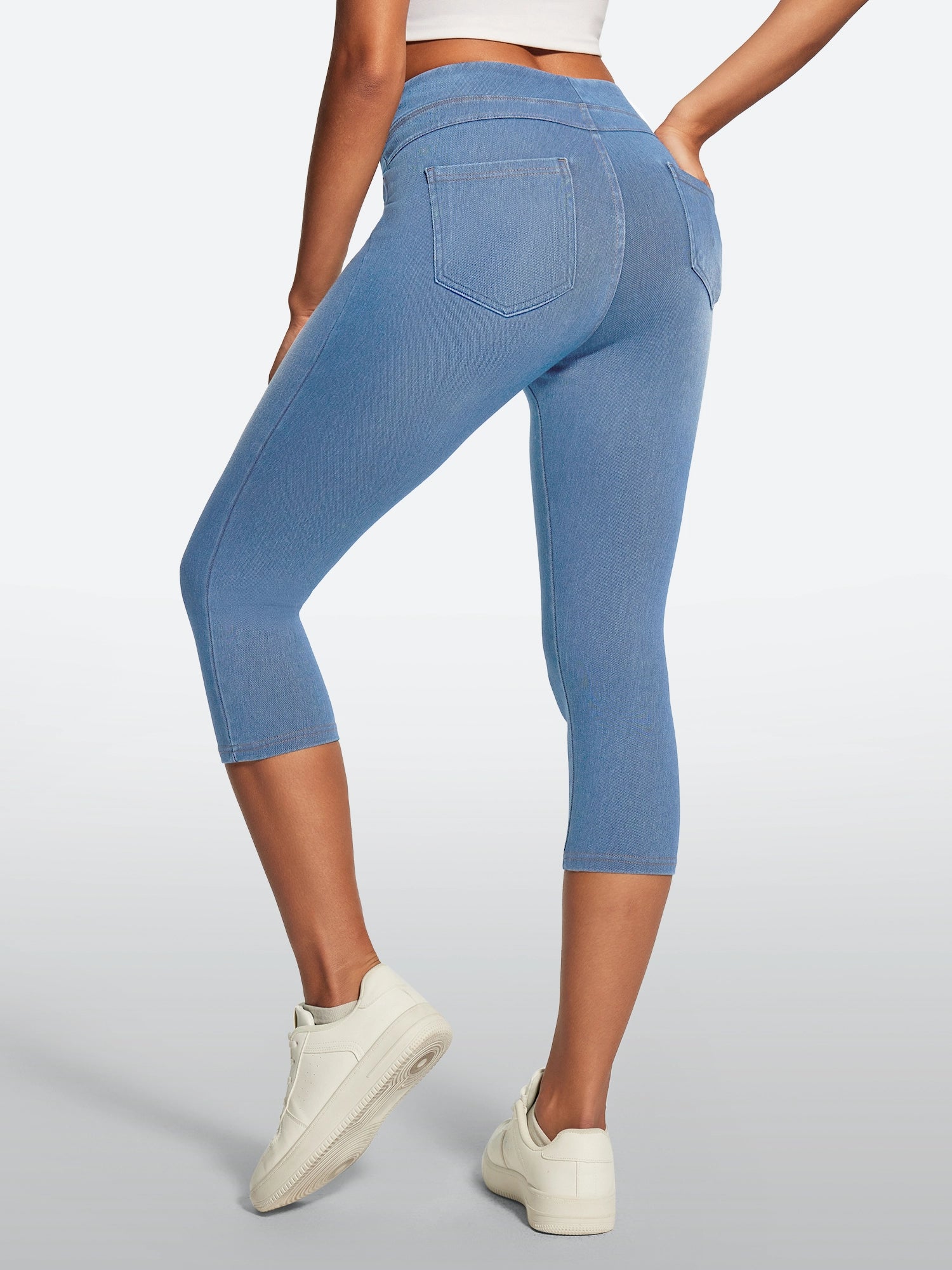 IUGA FlexDenim® High Waisted Pull On Capri Jeans With Pockets | Affordable Yoga Leggings & Activewear by IUGA