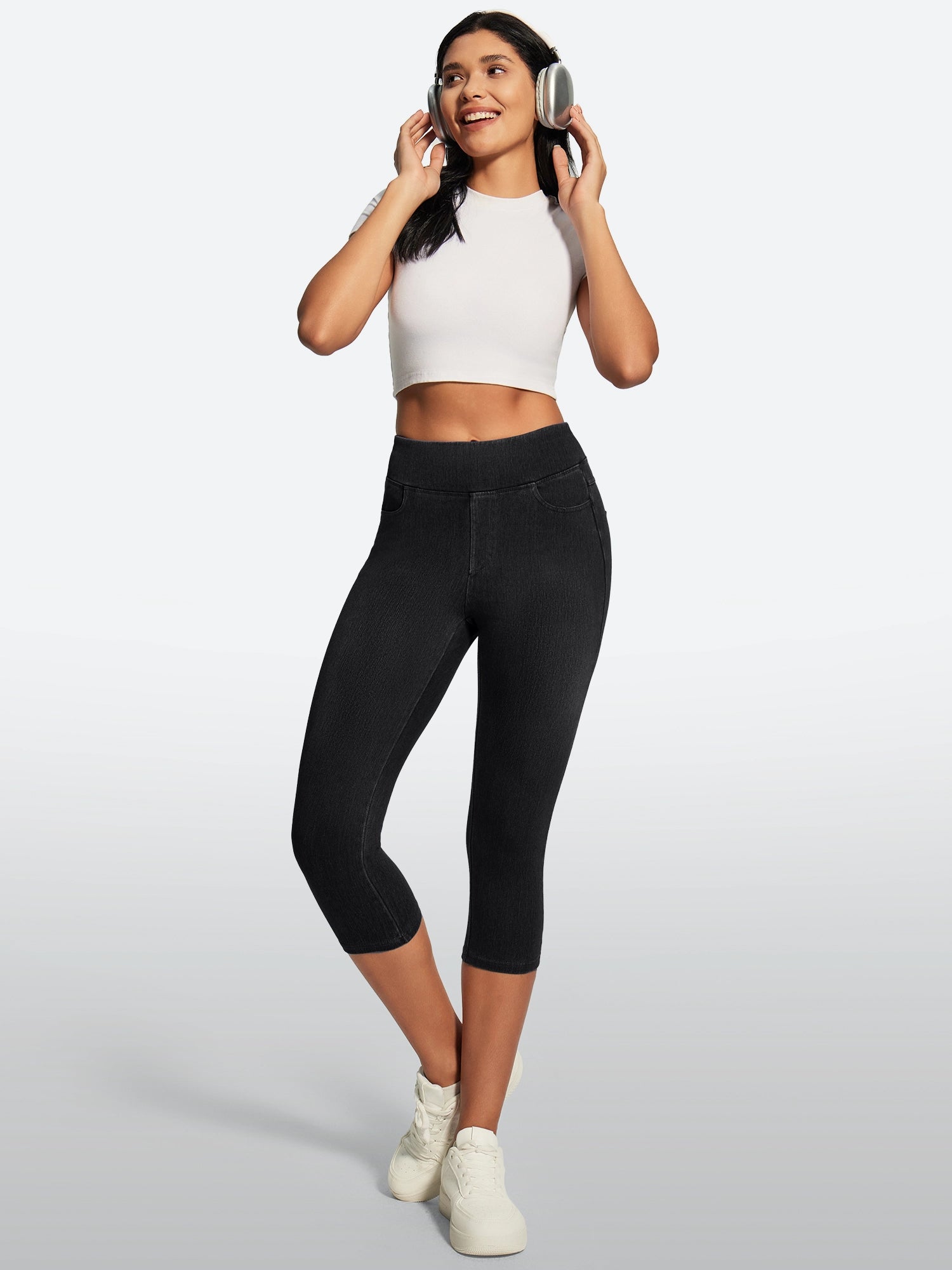 IUGA FlexDenim® High Waisted Pull On Capri Jeans With Pockets | Affordable Yoga Leggings & Activewear by IUGA