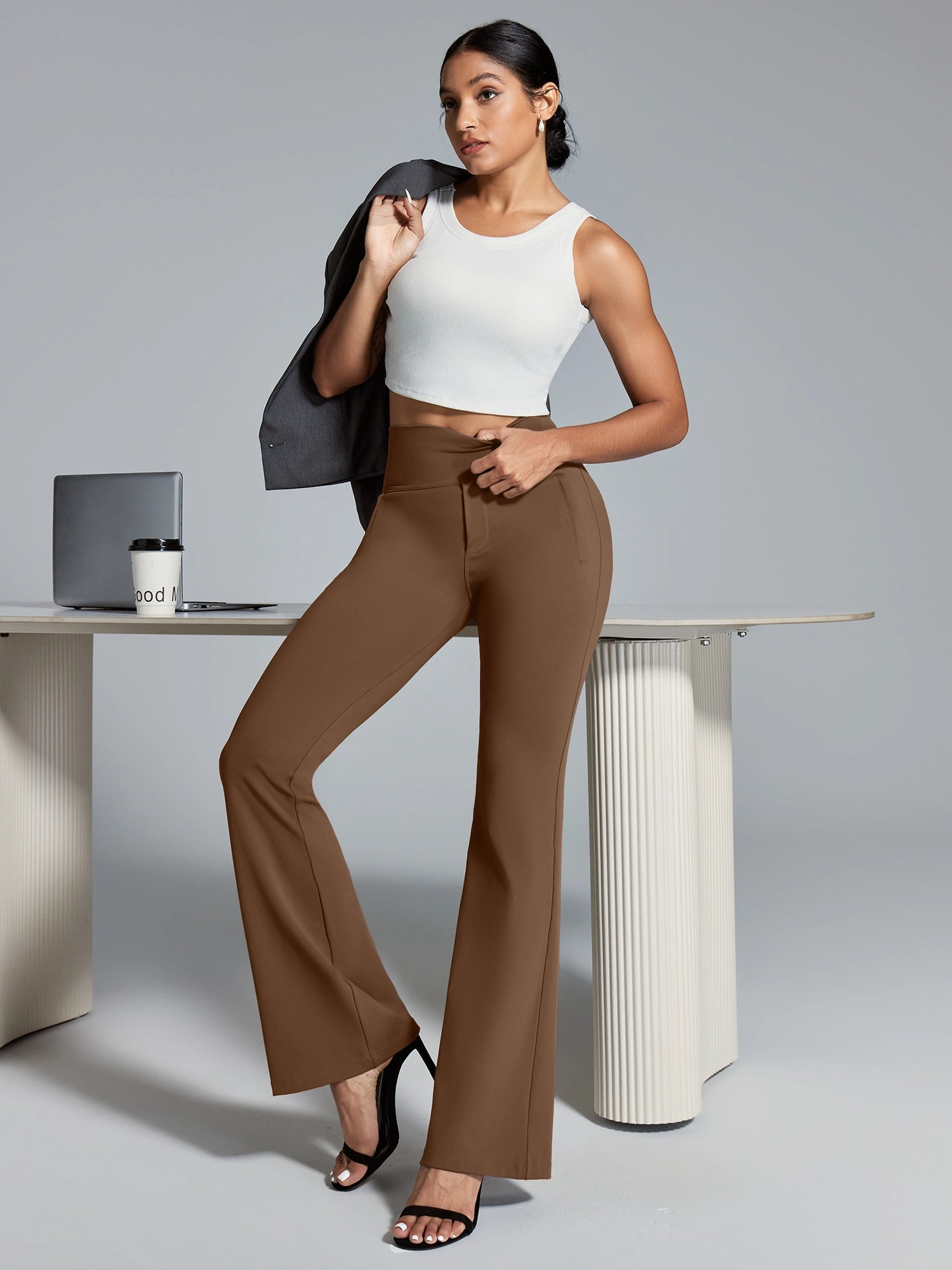 IUGA High Waist Pull On Stretchy Dress Pants With Zipper Pockets