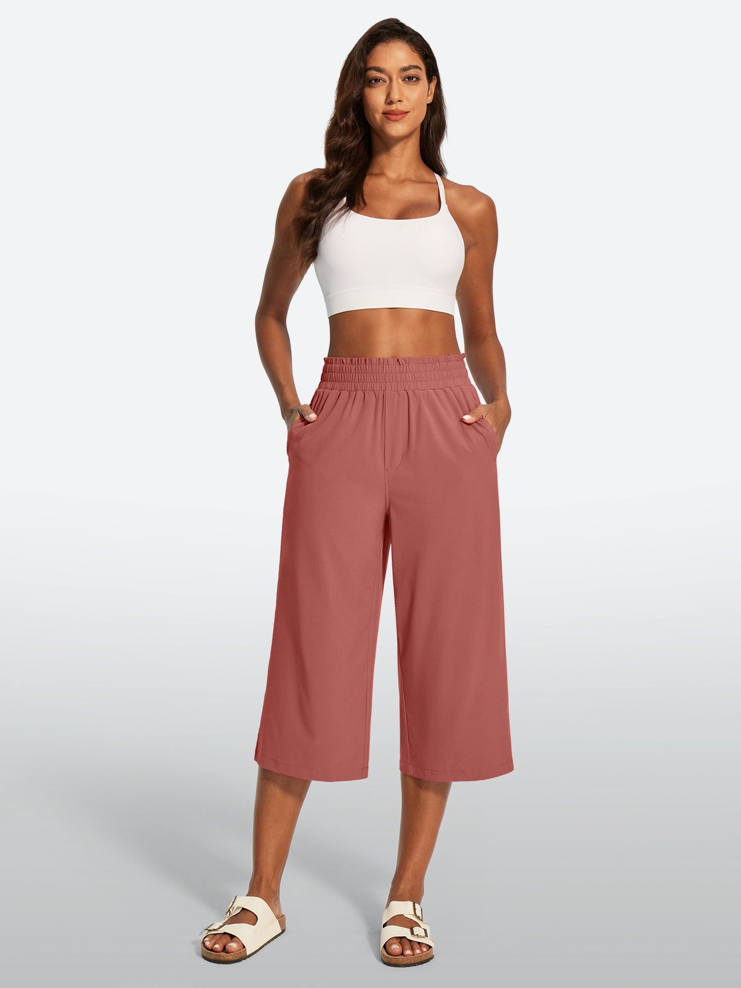 IUGA High Waisted Adjustable Drawstring Wide Leg Capris With Pockets | Affordable Yoga Leggings & Activewear by IUGA