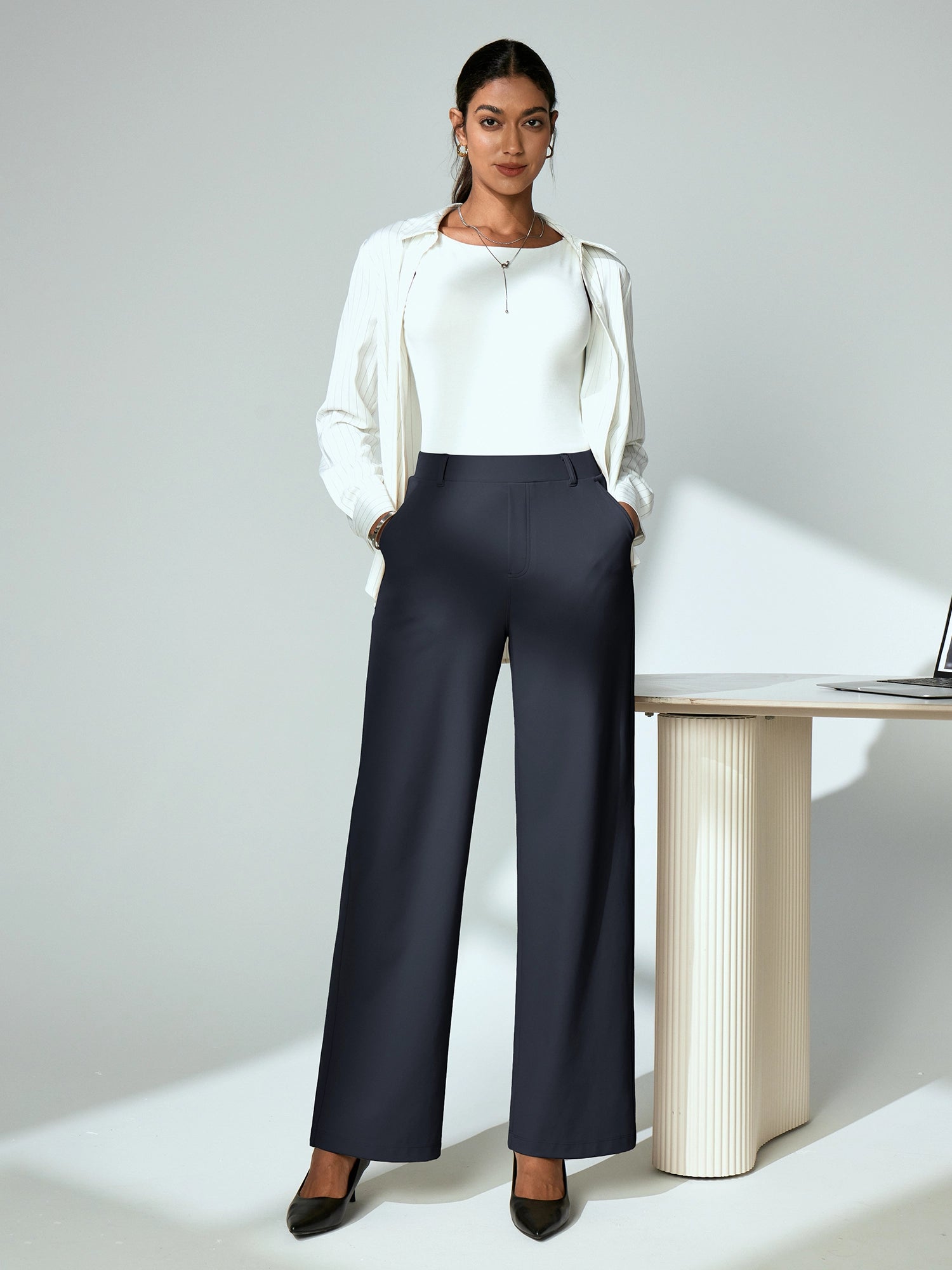 IUGA High Waisted Stretchy Wide Leg Pull On Work Pants With Pockets
