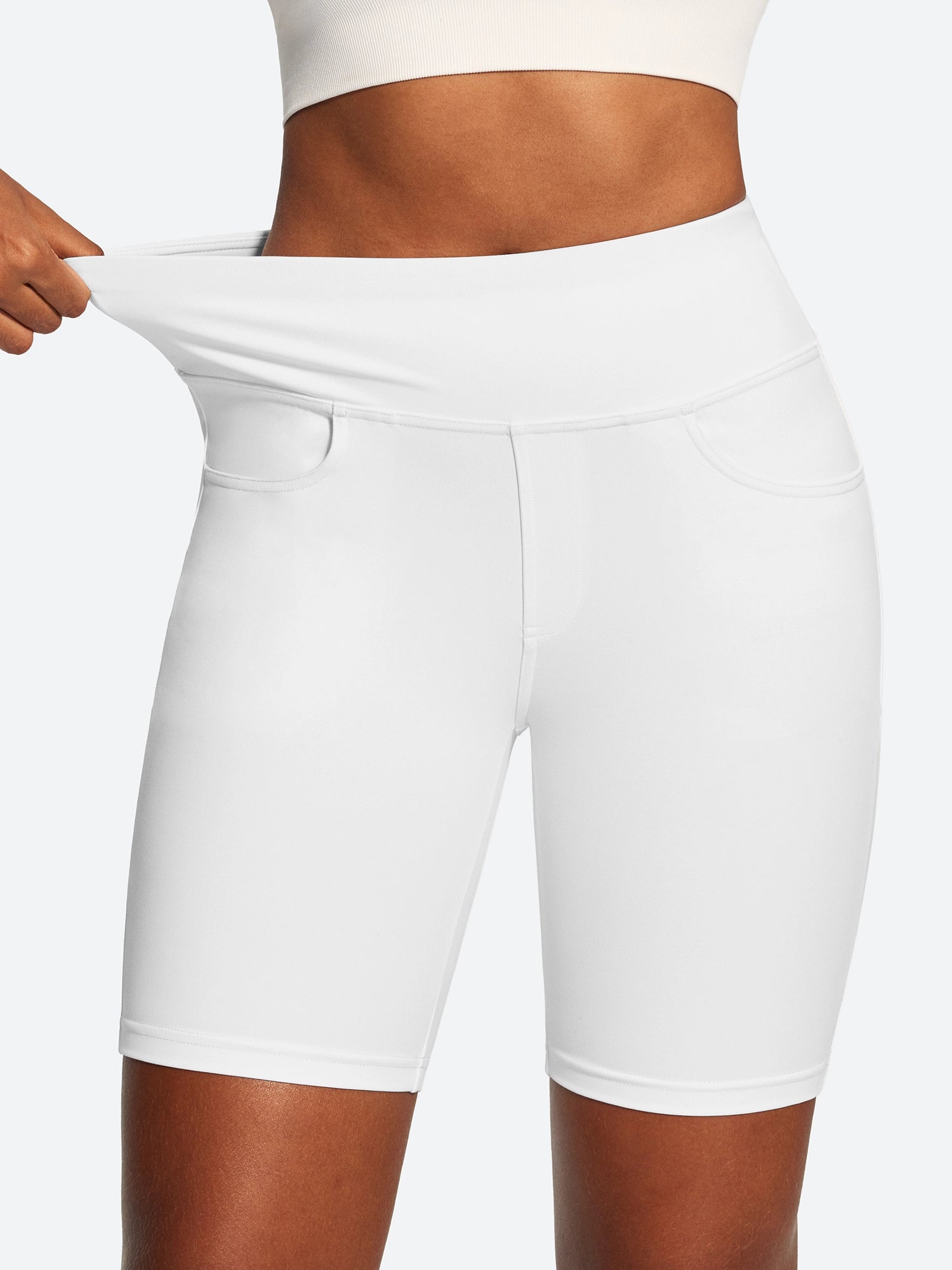 IUGA 7'' FlexTight Faux Denim High Waist Biker Shorts With Pockets