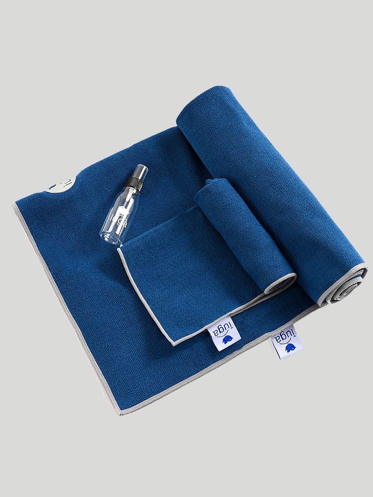 IUGA Microfiber Yoga Towel With Corner Pockets & Hand Towel 2 In 1 Set dark blue