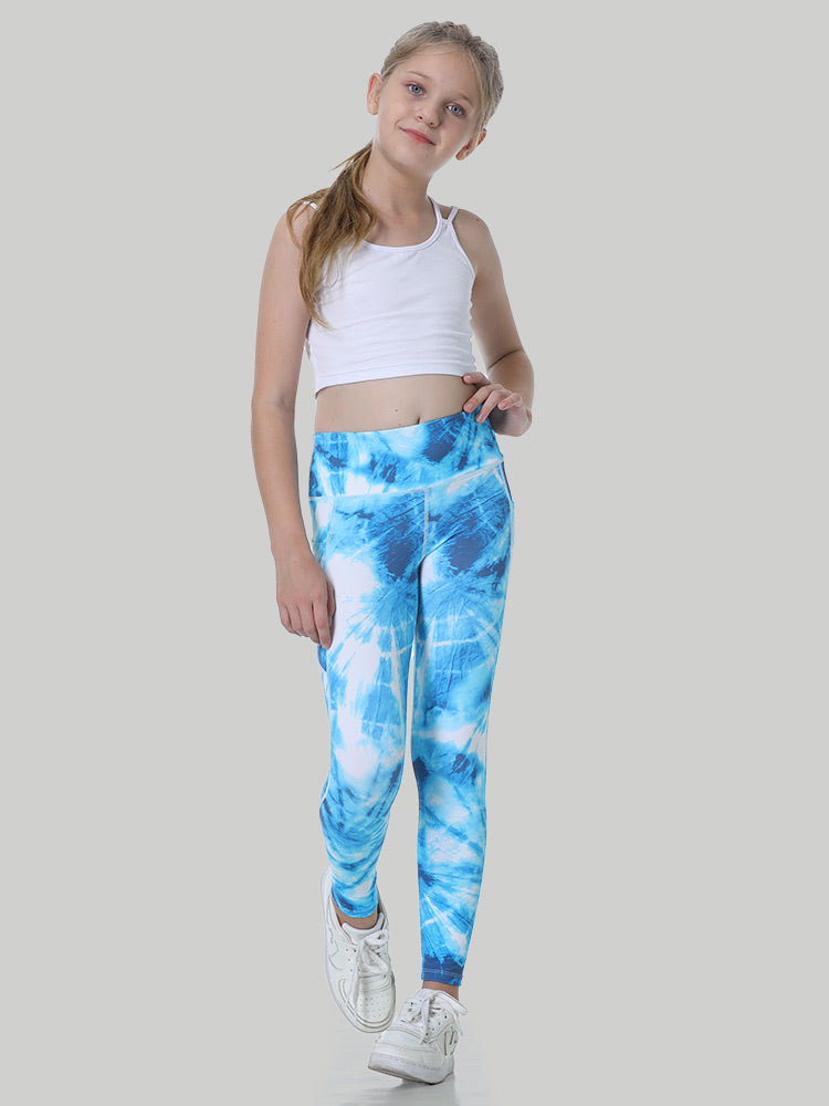 IUGA Girl's Athletic Leggings With Pockets - Blue Tie-dye / XS