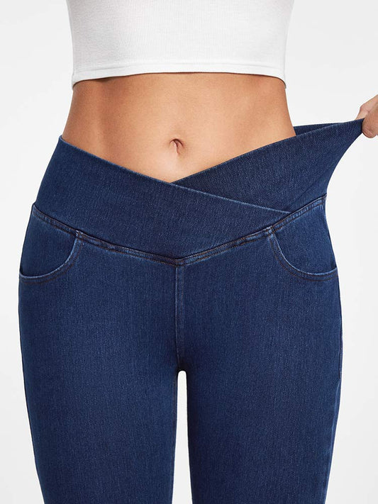 FlexDenim High Waist Crossover Flare Jeans for Women With Pockets