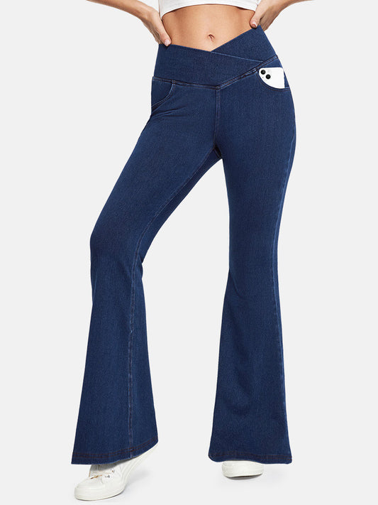 FlexDenim High Waist Crossover Flare Jeans for Women With Pockets