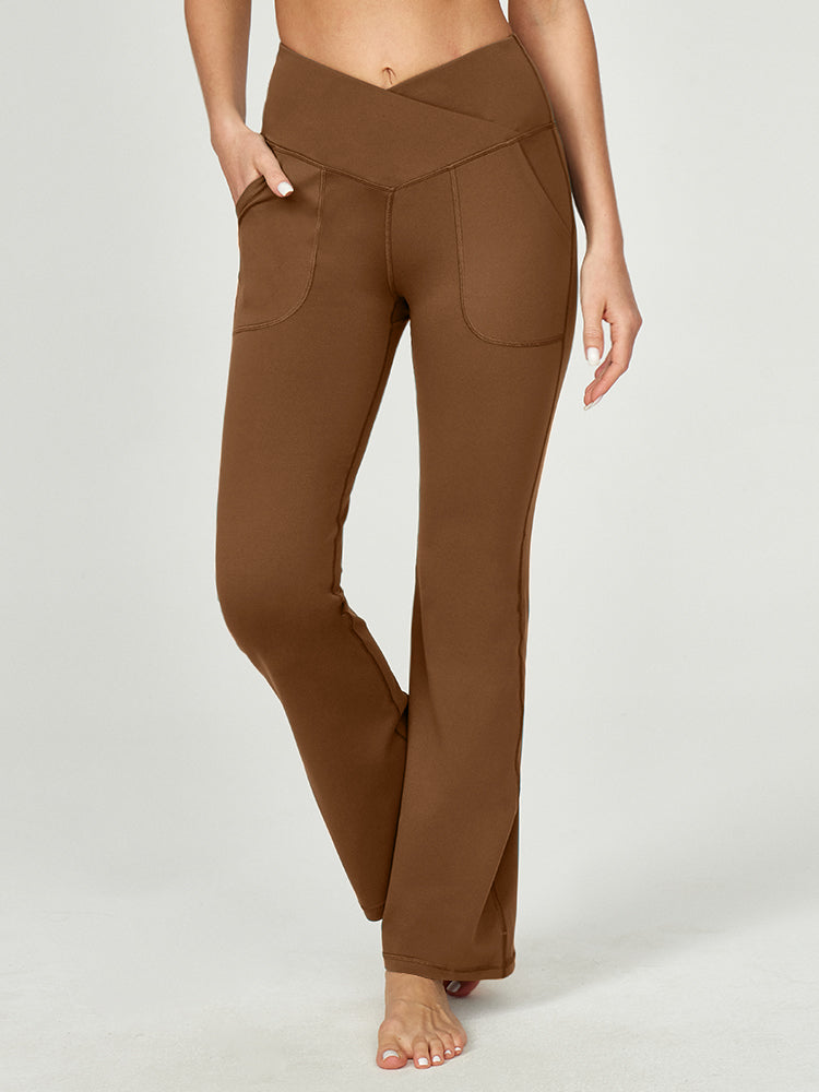 IUGA High Waisted Crossover Bootcut Yoga Pants With Pockets - Coffee / XS