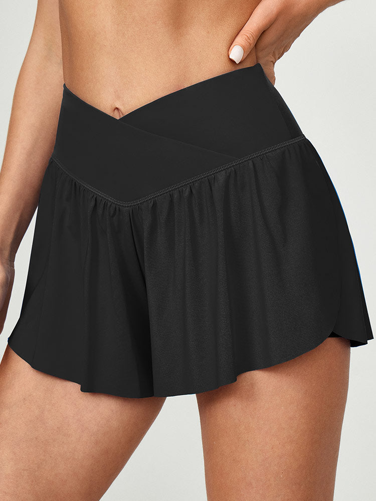 IUGA High Waisted 2 In 1 Crossover Flowy Shorts black